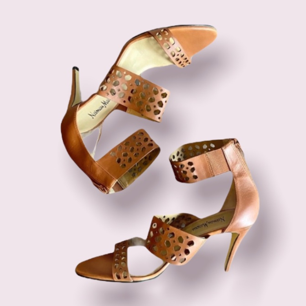 Neiman Marcus Brown Strappy Laser Cut Sandal